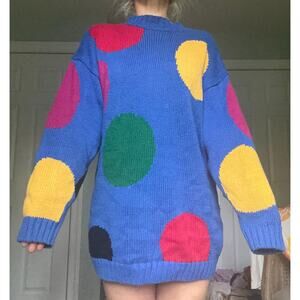 Vintage Sweater sz L Blue Polka Dots Knit Mock Neck 90s Y2K Art fun funny unique